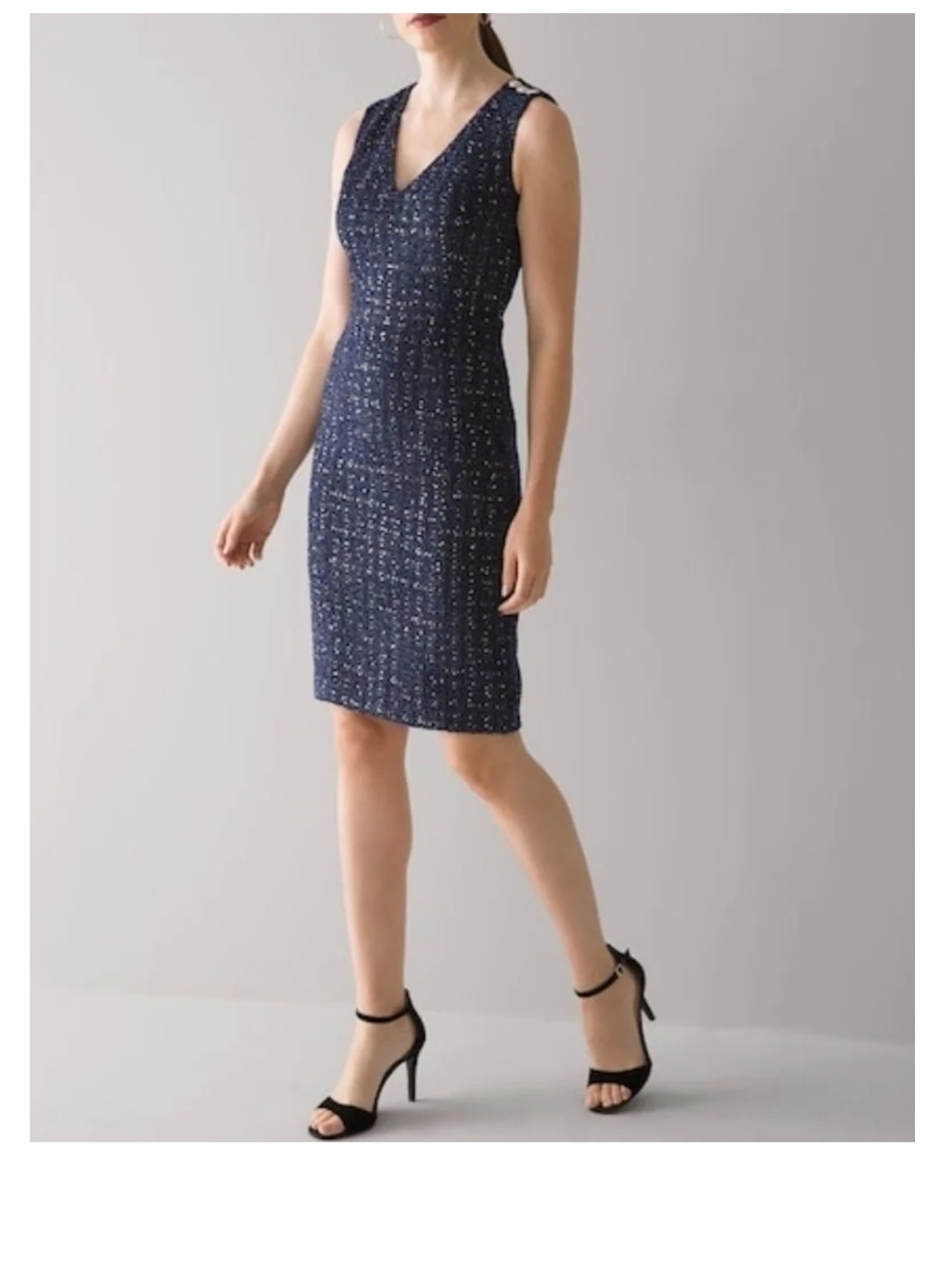 NWT WHBM Classic Glitter Tweed Sheath Dress Navy Blue Sleeveless, Sz 12